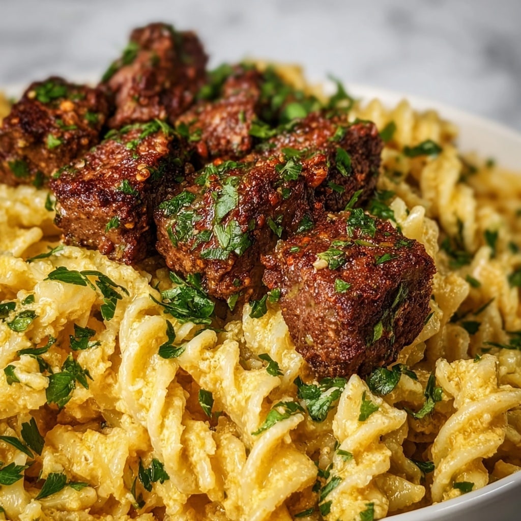Steak Bites with Cheesy Garlic Parmesan Rotini Recipe - Recipe Image