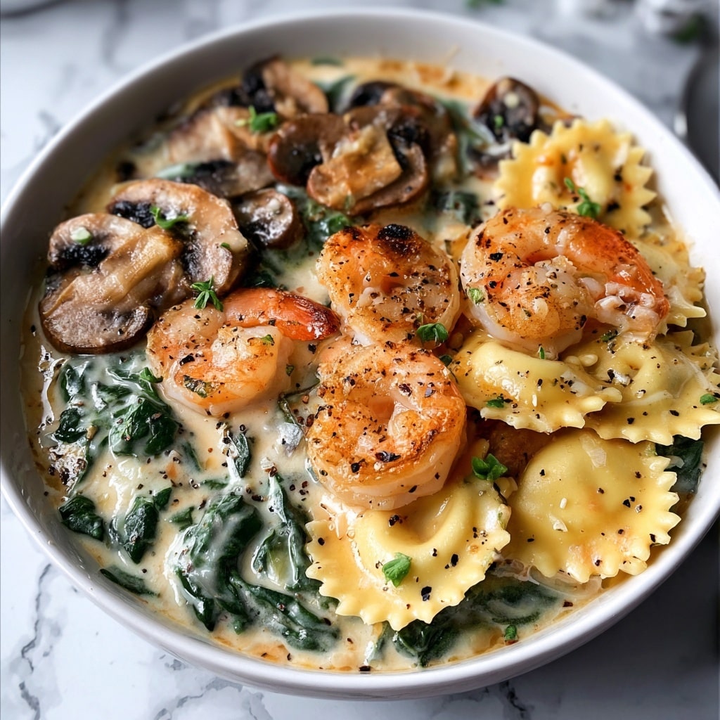 Seafood Ravioli with Spinach and Mushrooms in Garlic Cream Sauce Recipe - Recipe Image