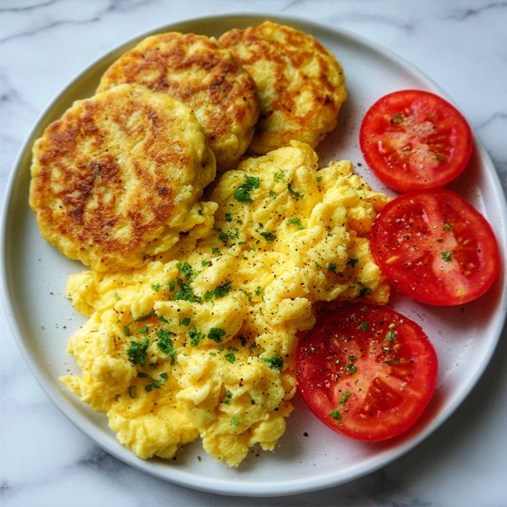 Breakfast Feast with Scrambled Eggs, Sausage Patties, Biscuits, and Tomatoes Recipe - Recipe Image