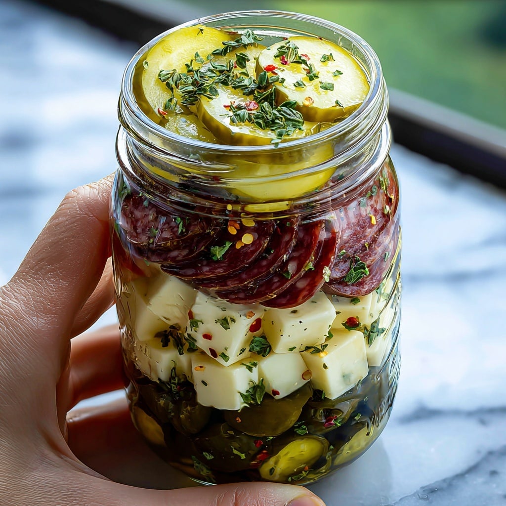 Easy Marinated Cheese Appetizer with Salami & Pickles Recipe - Recipe Image