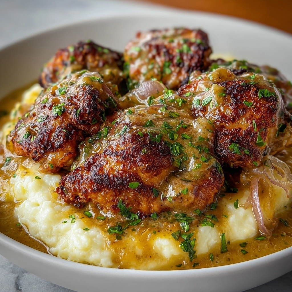 Smothered Chicken Thighs with Rich Garlic Gravy Recipe - Recipe Image