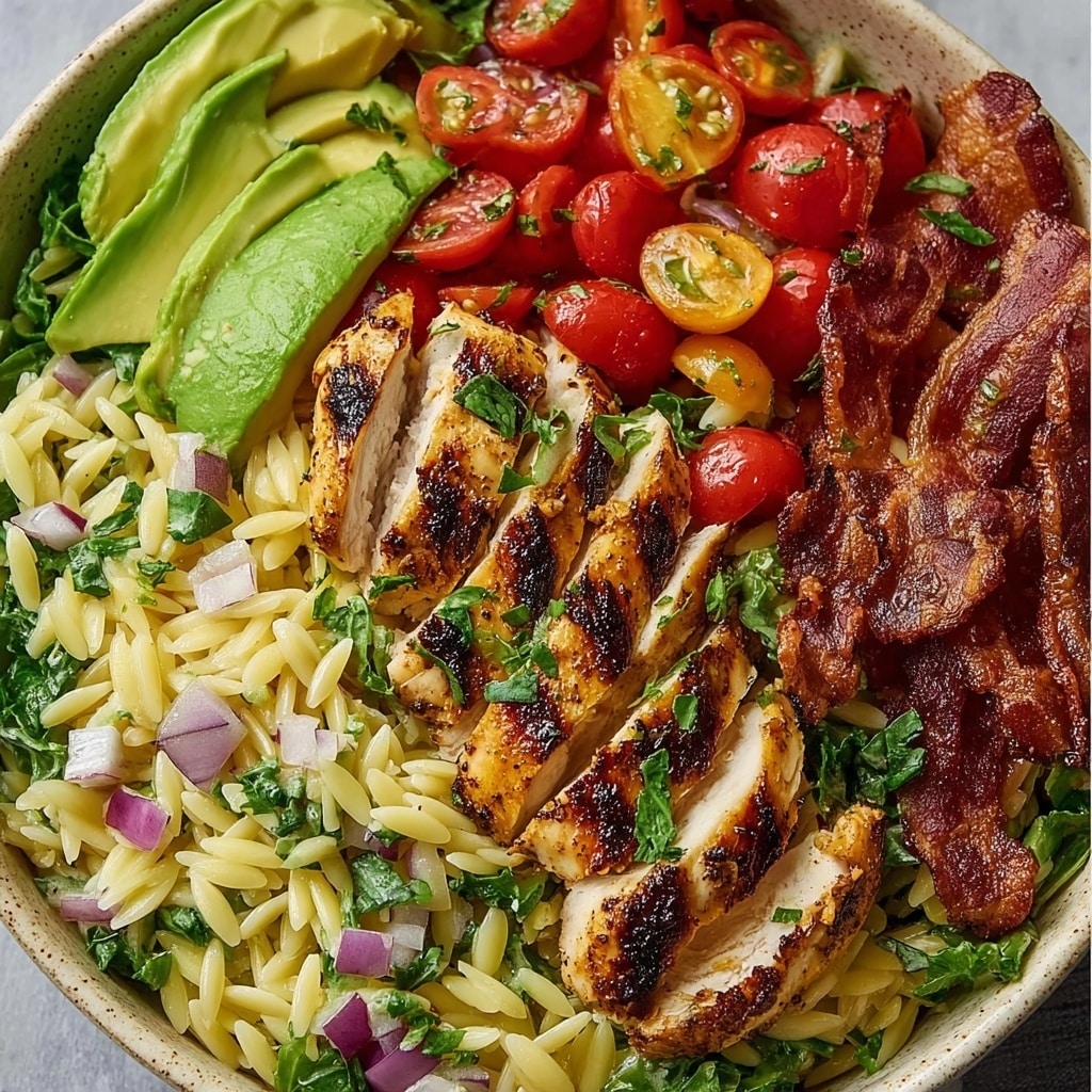 Grilled Lemon Herb Chicken Avocado Orzo Salad Recipe - Recipe Image