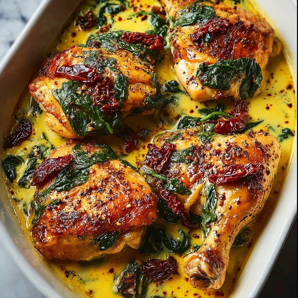 Smothered Baked Chicken with Creamed Spinach and Sun-Dried Tomatoes Recipe - Recipe Image