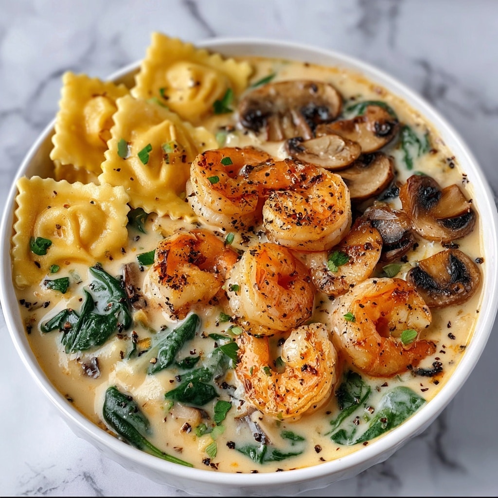 Seafood Ravioli with Spinach and Mushrooms in Garlic Cream Sauce Recipe - Recipe Image
