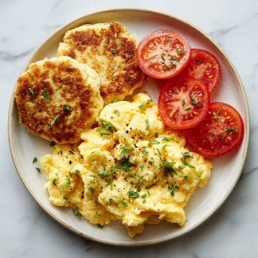 Breakfast Feast with Scrambled Eggs, Sausage Patties, Biscuits, and Tomatoes Recipe - Recipe Image