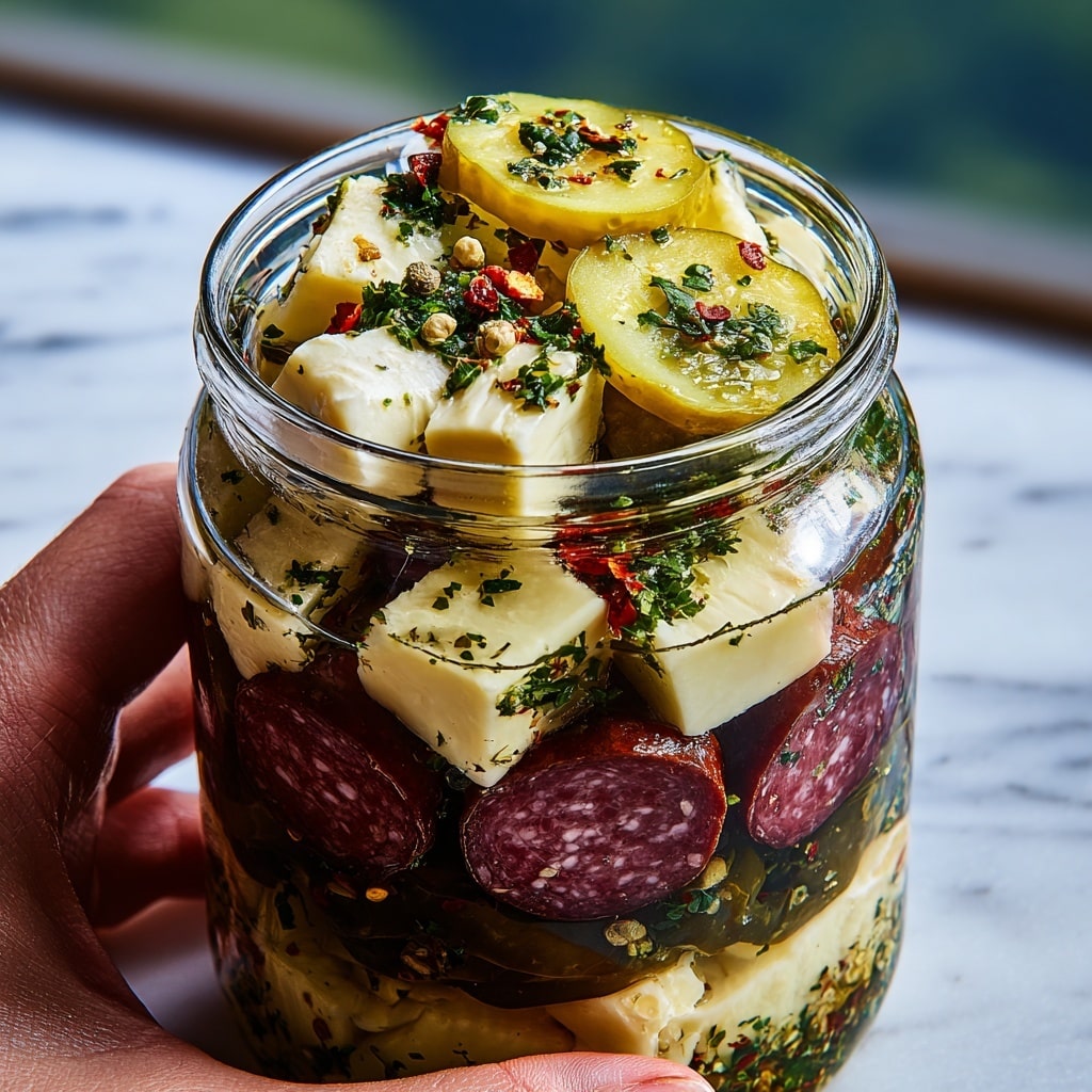 Easy Marinated Cheese Appetizer with Salami & Pickles Recipe - Recipe Image