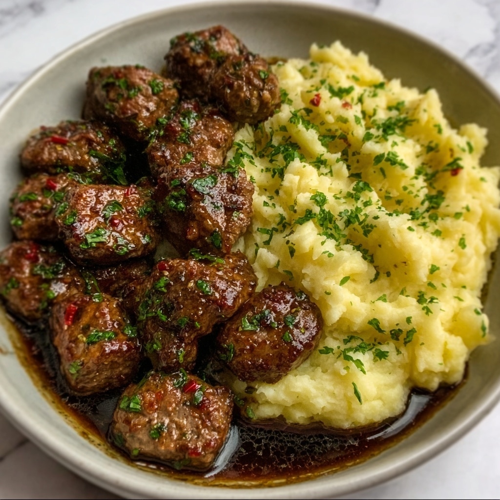 Garlic Butter Beef Bites with Creamy Mashed Potatoes Recipe