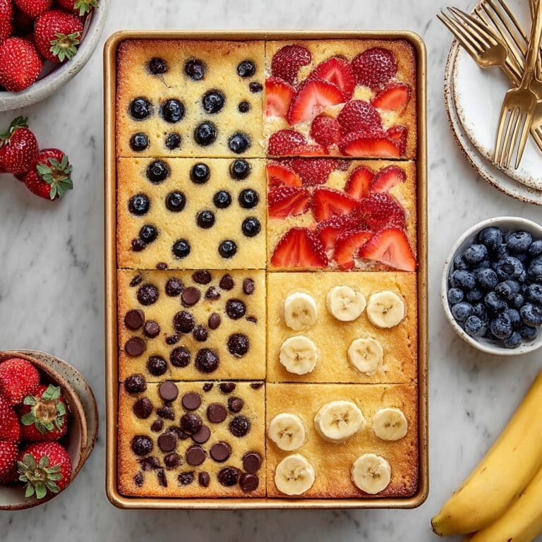 Sheet Pan Pancakes with Fresh Strawberries, Blueberries, Bananas, and Chocolate Chips Recipe