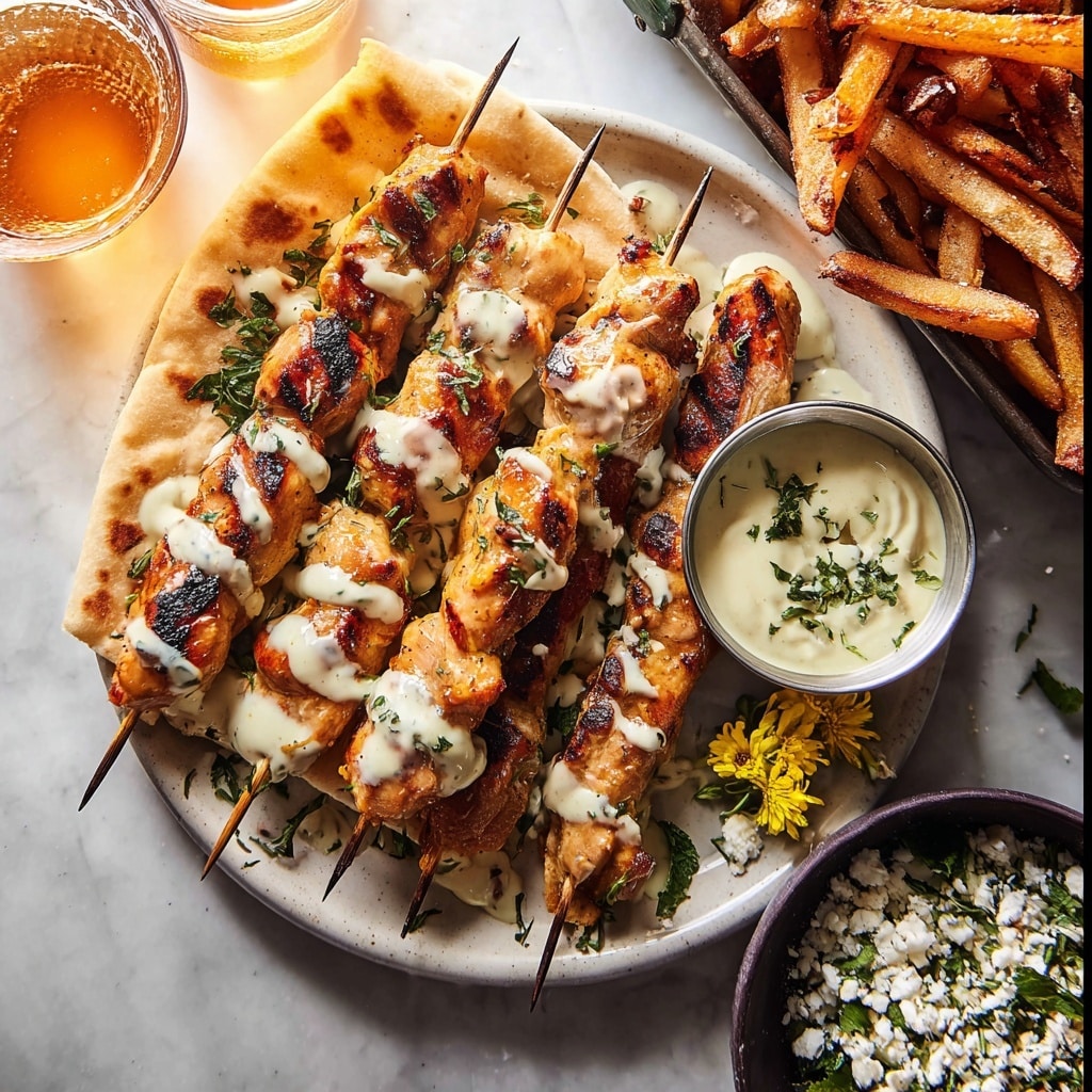 Greek Chicken Skewers with Feta Fries Recipe - Recipe Image