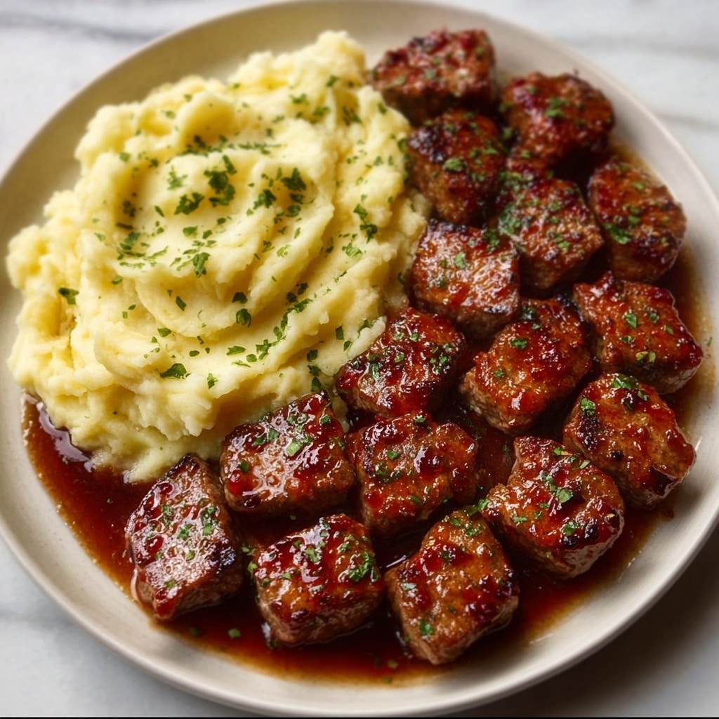 Garlic Butter Beef Bites with Creamy Mashed Potatoes Recipe - Recipe Image