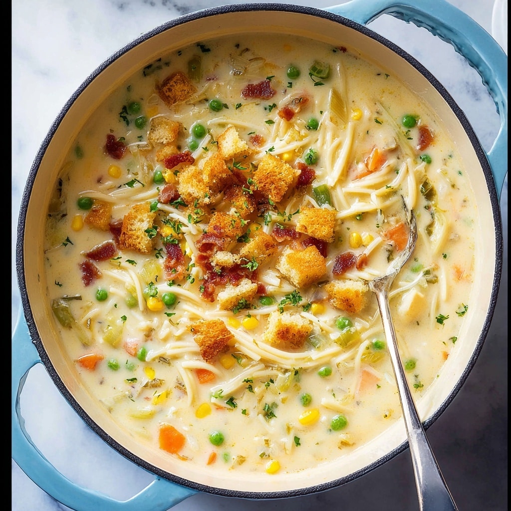 Creamy Chicken Noodle Soup with Mini Croutons Recipe - Recipe Image