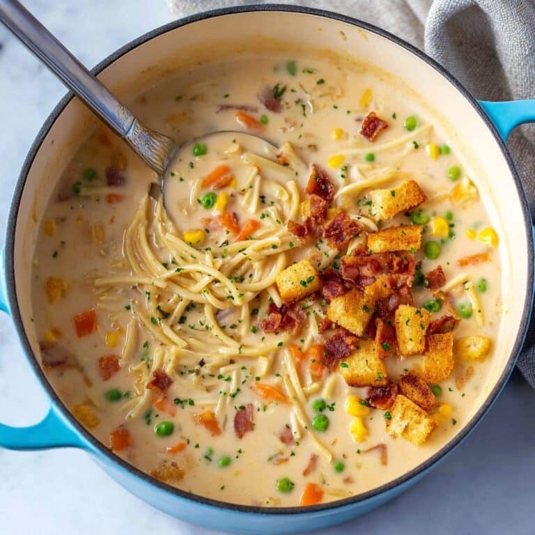 Creamy Chicken Noodle Soup with Mini Croutons and Crispy Bacon Recipe