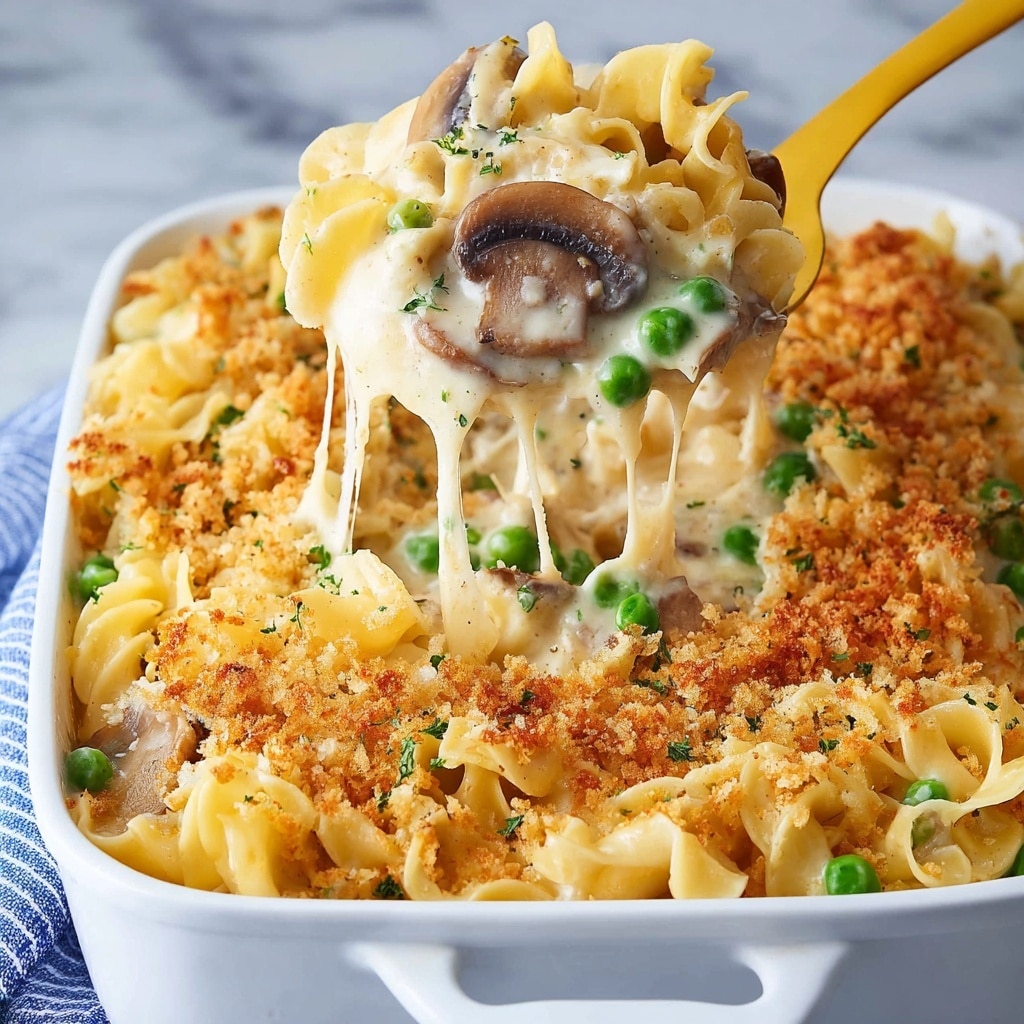 Creamy Tuna Noodle Casserole with Cheddar and Panko Breadcrumb Topping Recipe - Recipe Image