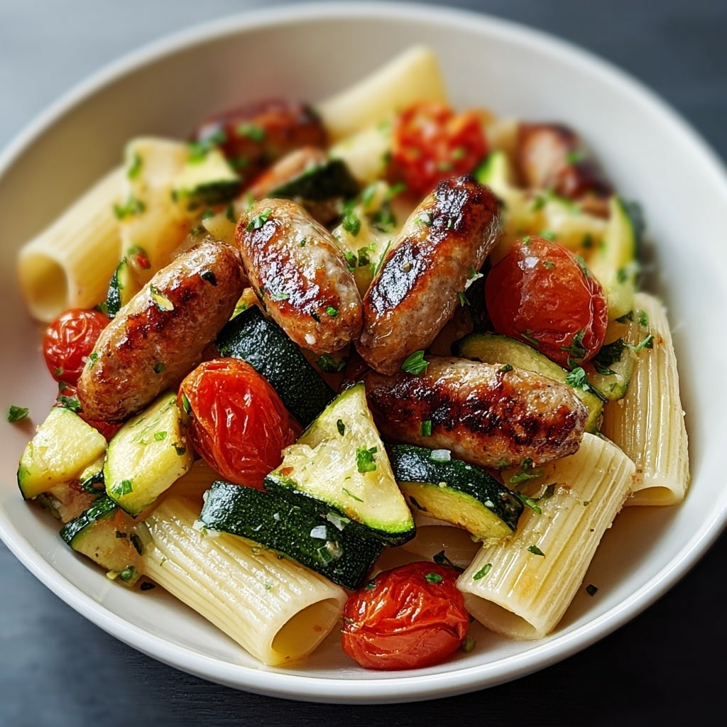 Chicken Sausages with Zucchini, Tomatoes, and Pasta Recipe - Recipe Image