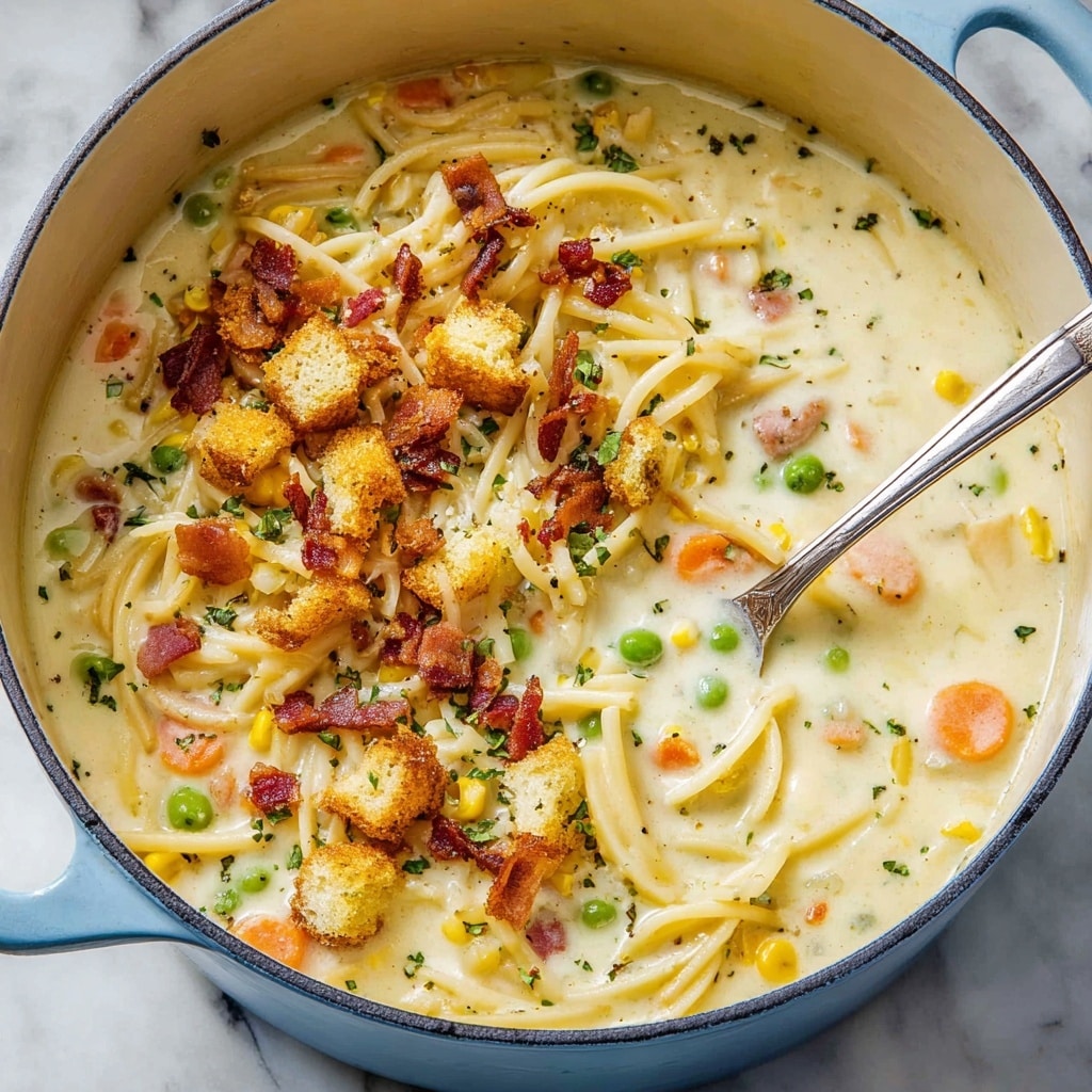 Creamy Chicken Noodle Soup with Mini Croutons Recipe
