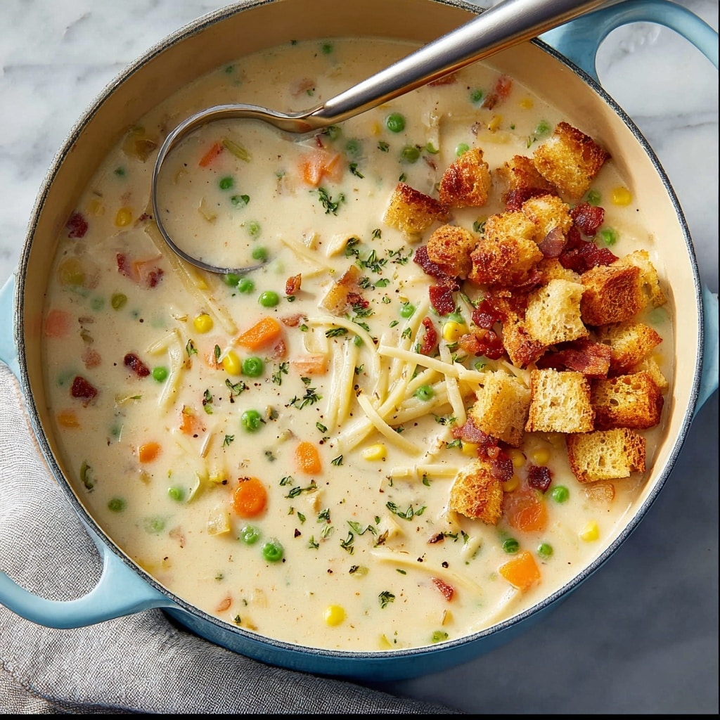 Creamy Chicken Noodle Soup with Mini Croutons and Crispy Bacon Recipe - Recipe Image