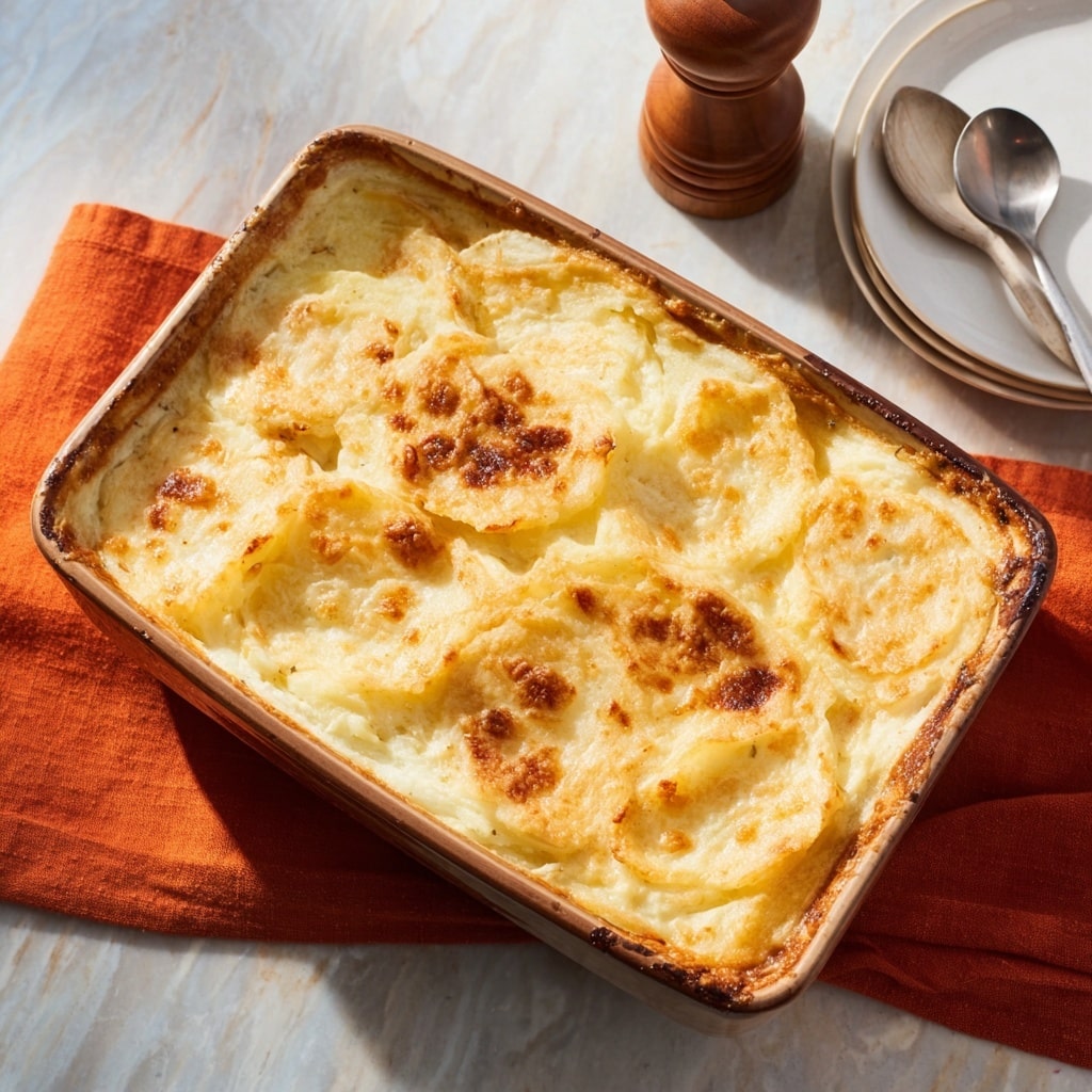 Baked Cheesy Mashed Potatoes with Garlic and Herb Garnish Recipe - Recipe Image