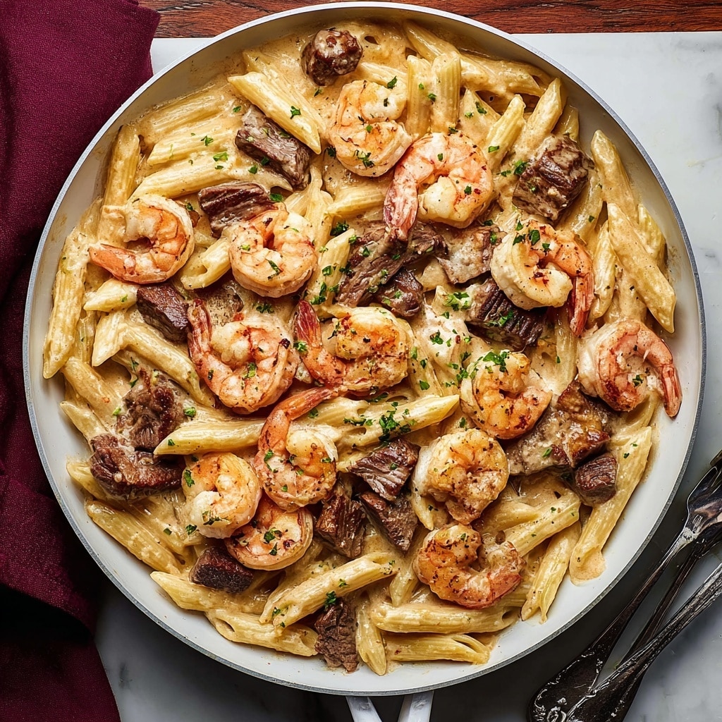 Blackened Steak and Shrimp Alfredo Recipe - Recipe Image