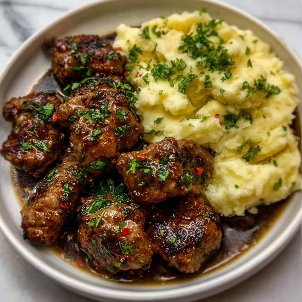 Garlic Butter Beef Bites with Creamy Mashed Potatoes Recipe - Recipe Image