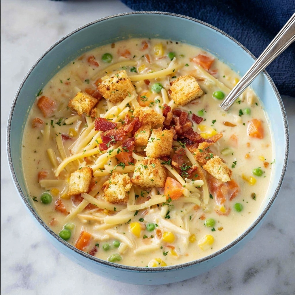 Creamy Chicken Noodle Soup with Mini Croutons Recipe - Recipe Image