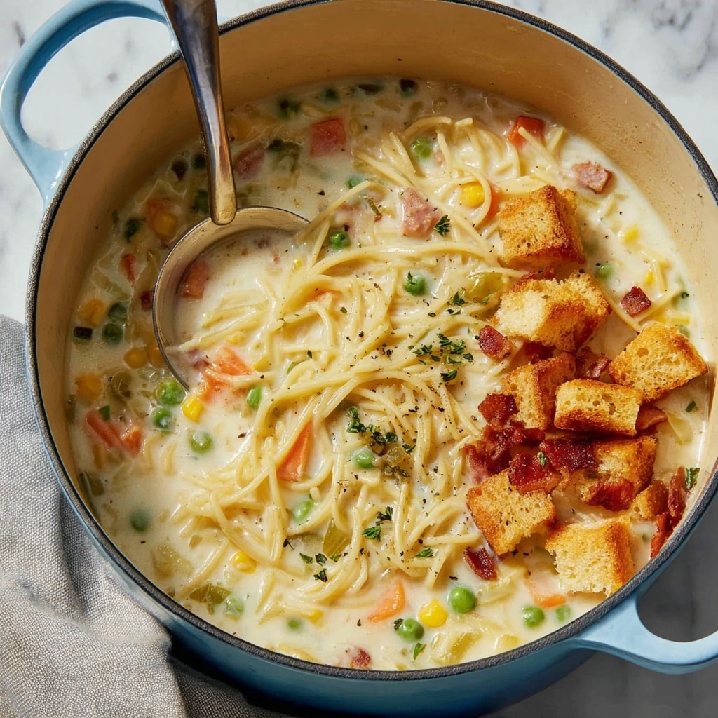 Creamy Chicken Noodle Soup with Mini Croutons and Crispy Bacon Recipe - Recipe Image