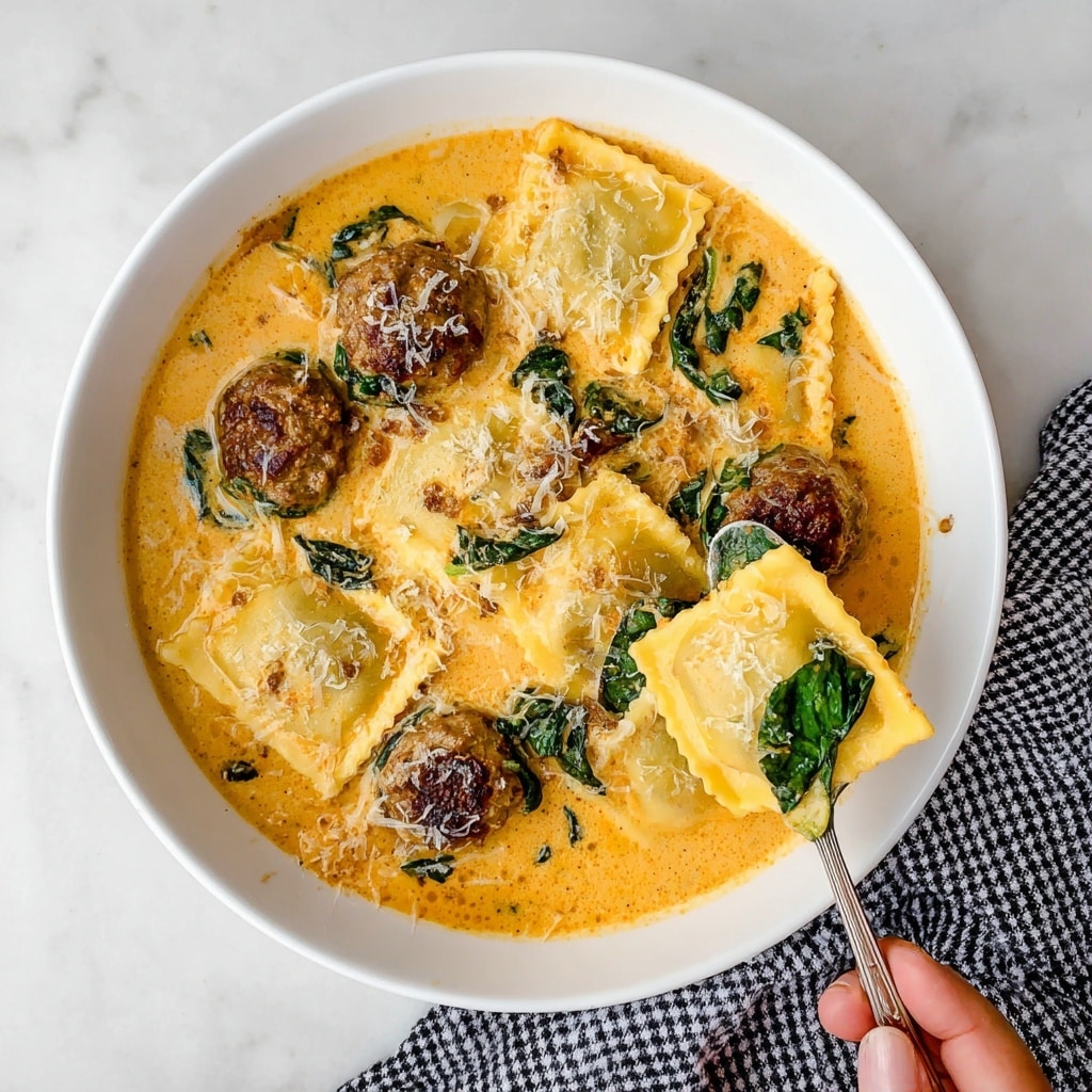 Ravioli Soup with Italian Sausage, Tomatoes, Spinach, and Basil Pesto Recipe