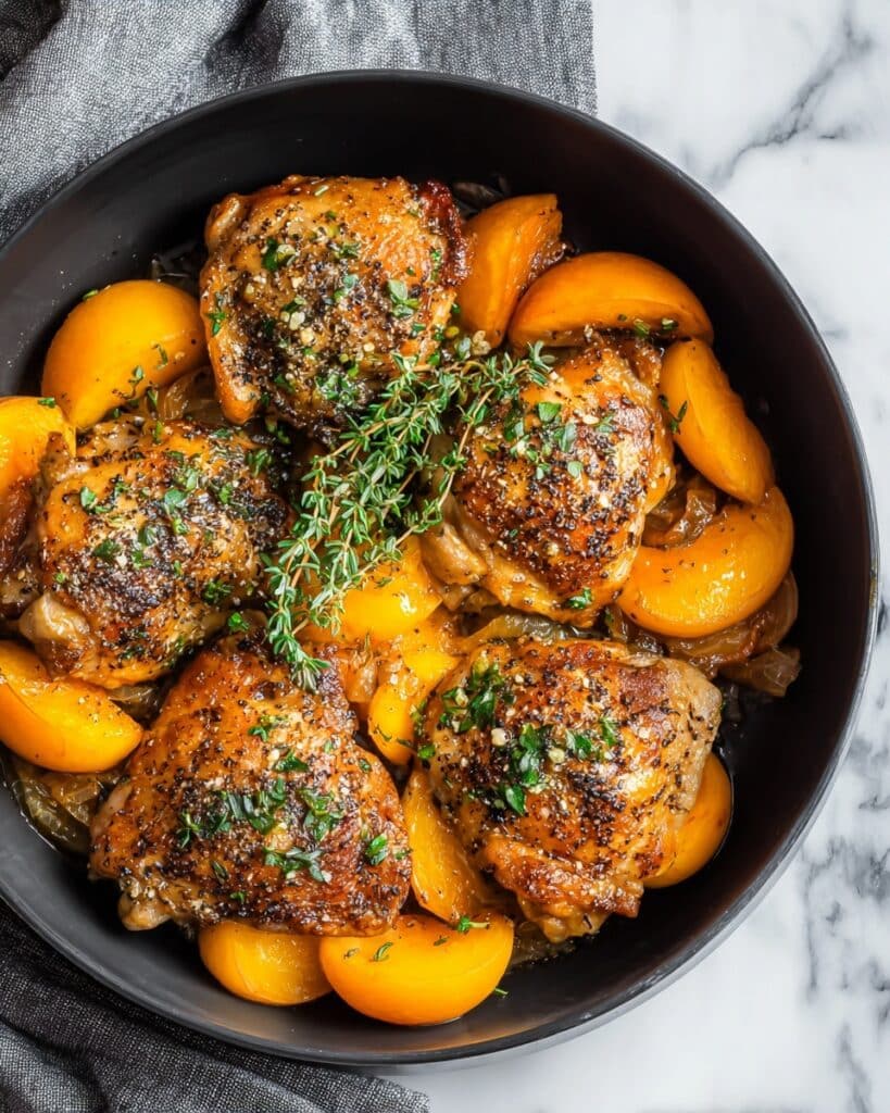 Skillet Roast Chicken with Peaches, Tomatoes, and Red Onion Recipe
