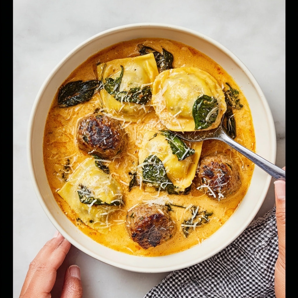 Ravioli Soup with Italian Sausage, Tomatoes, Spinach, and Basil Pesto Recipe - Recipe Image
