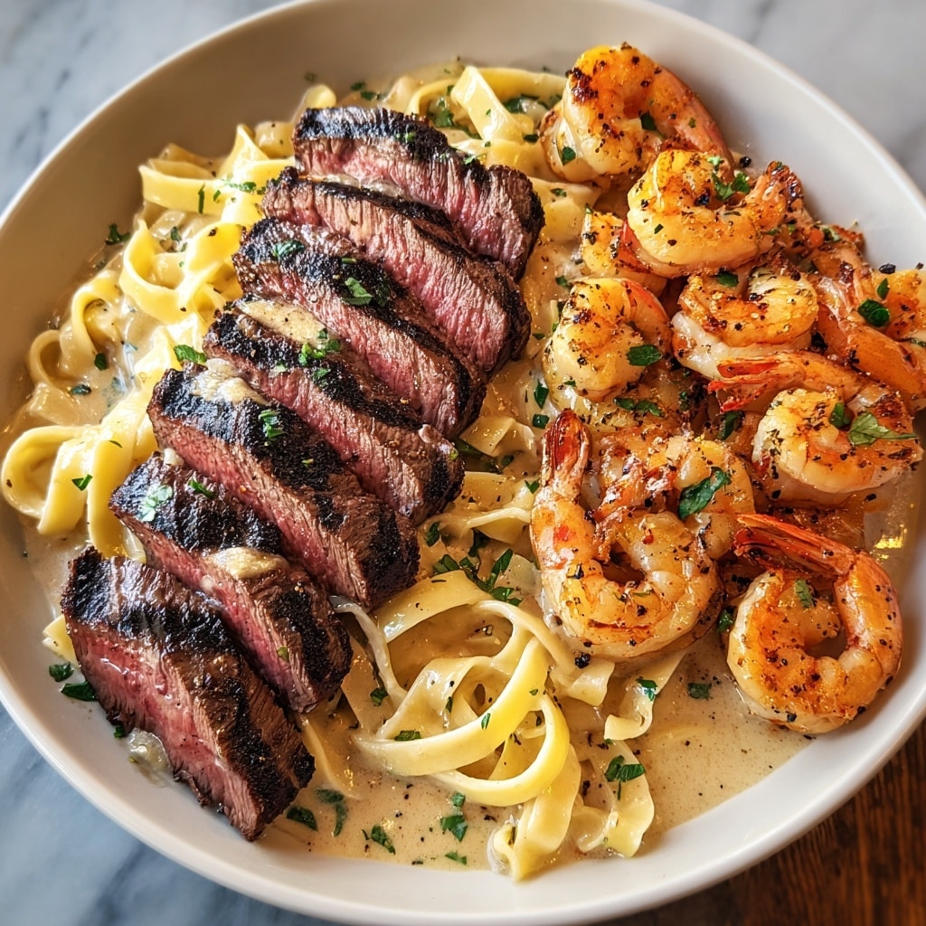 Blackened Steak and Shrimp Alfredo Recipe - Recipe Image