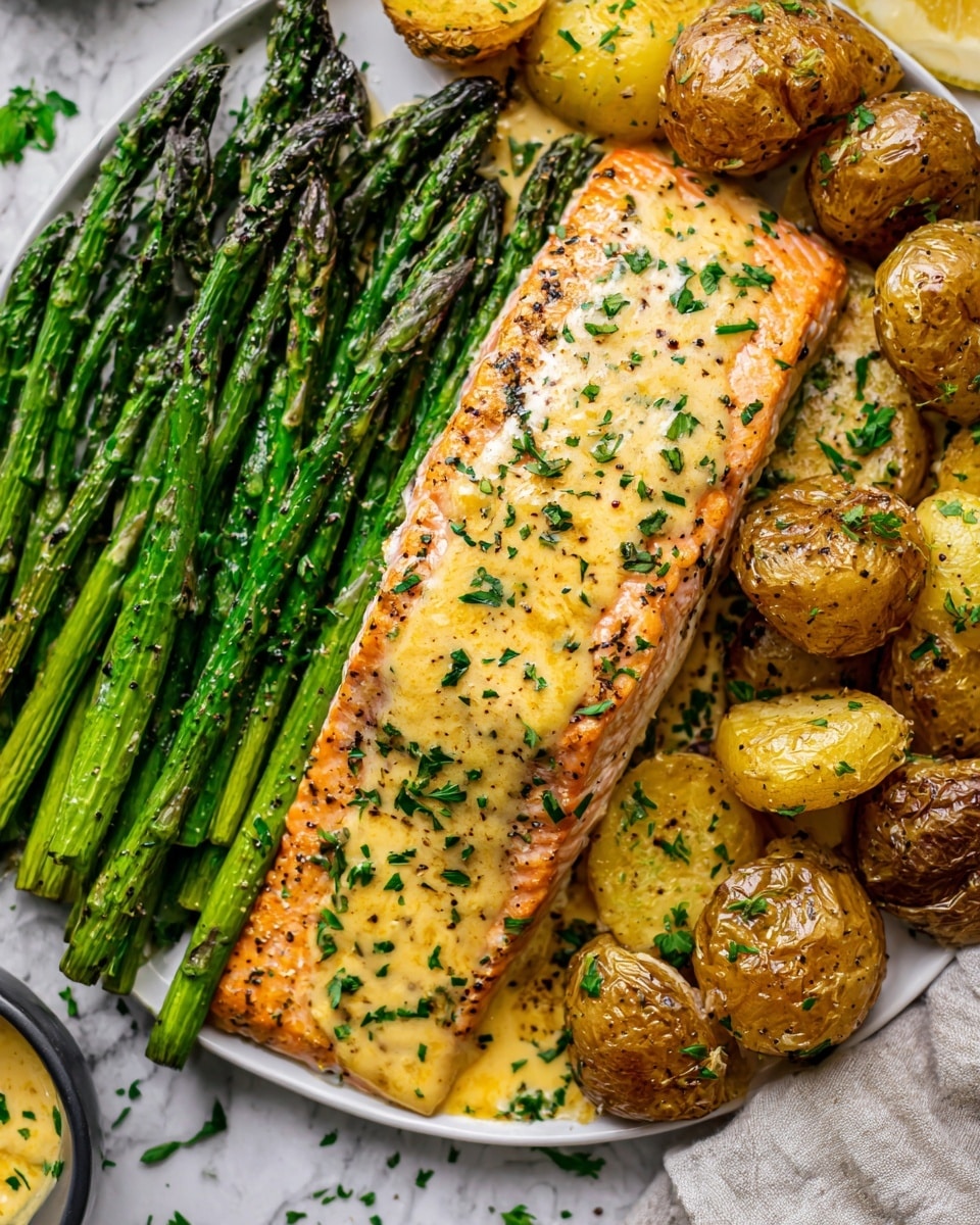 Spiced Salmon with Cheesy Asparagus & Garlic Herb Potatoes Recipe - Recipe Image