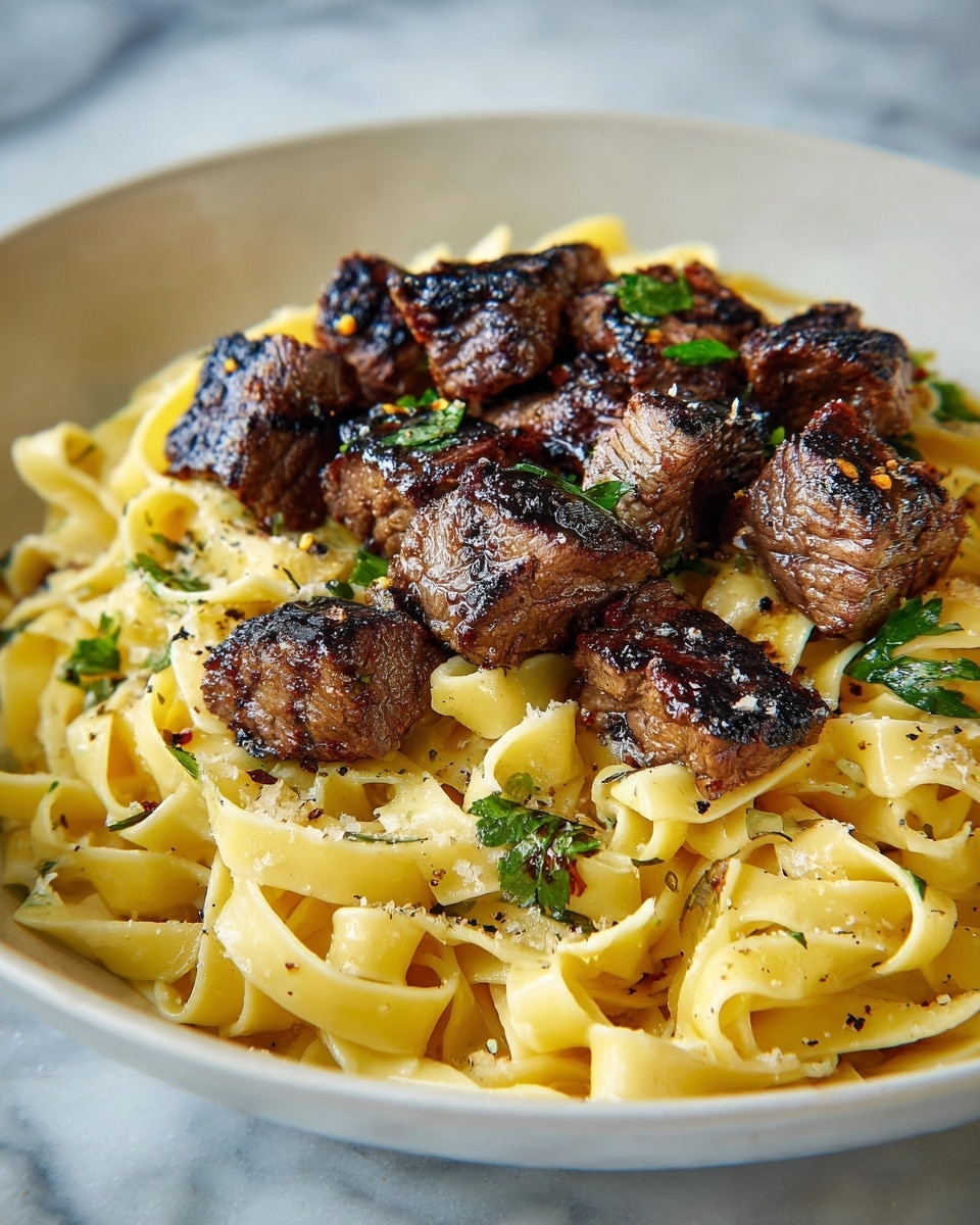 Garlic Butter Steak Bites with Creamy Parmesan Pasta Recipe - Recipe Image