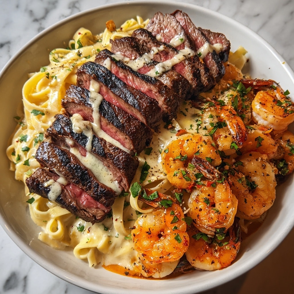 Blackened Steak and Shrimp Alfredo Recipe - Recipe Image