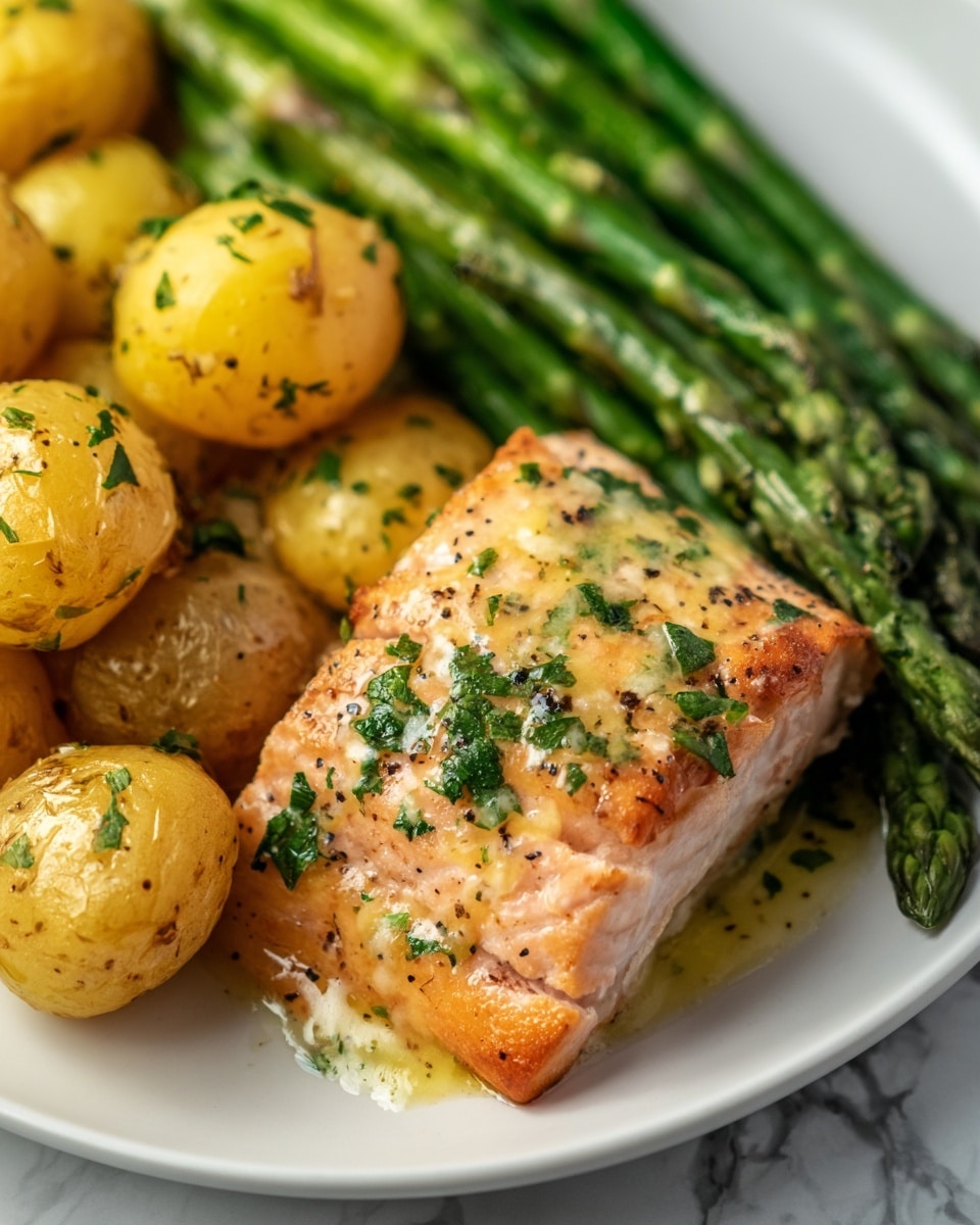 Spiced Salmon with Cheesy Asparagus & Garlic Herb Potatoes Recipe - Recipe Image