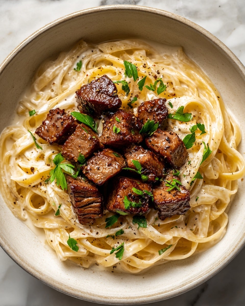 Garlic Butter Steak Bites with Creamy Parmesan Pasta Recipe - Recipe Image